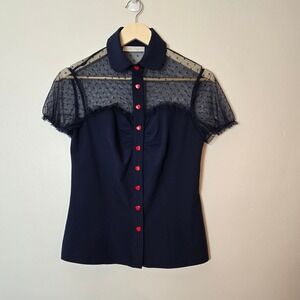 Belle Poque Navy Blue Sheer Mesh Swiss Dot Top Heart Buttons Pinup Retro‎ Small